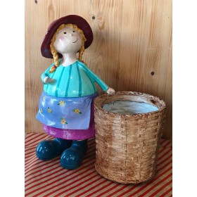 Atölye Tasarımı El Boyaması Dev Boy Sepetli Kız Bahçe Dekoru ve Saksılık - 58 cm