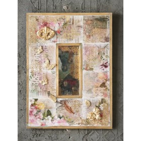 Atölye Tasarımı Vintage Kolaj Aynalı Ahşap Karo Pano - 46x35 cm