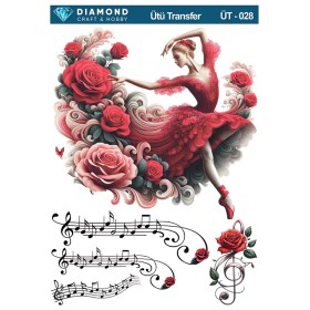 ÜT028 Müzik ve Güllü Balerin Diamond Craft Ütü Transfer Kağıdı 25x35cm