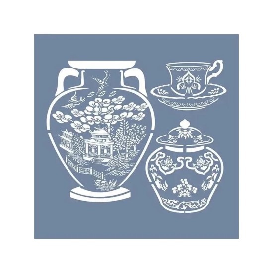 EHBL09 Blue Blanc Vazo Desen Stencil 45x45cm