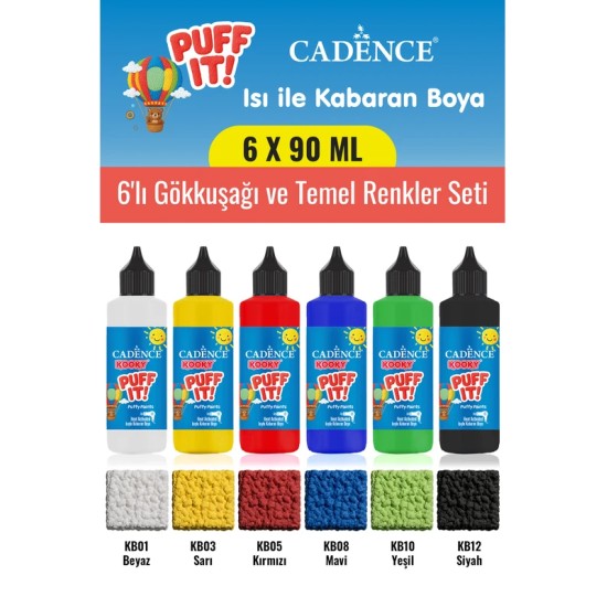6X90ML Kooky Puff It Kabaran Boya 6'lı Gökkuşağı ve Temel Renkler Seti