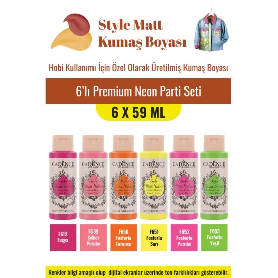 6X59ML Style Mat Kumaş Boyası - Premium Neon Parti Seti