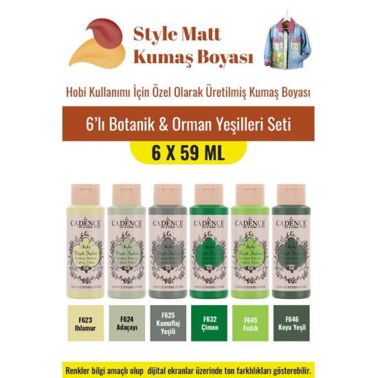 6X59ML Style Mat Kumaş Boyası - Botanik & Orman Yeşilleri Seti