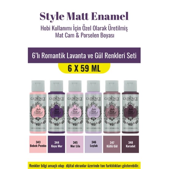 6X59ML Enamel Mat Cam Porselen Boyası - Romantik Lavanta ve Gül Renkleri Seti