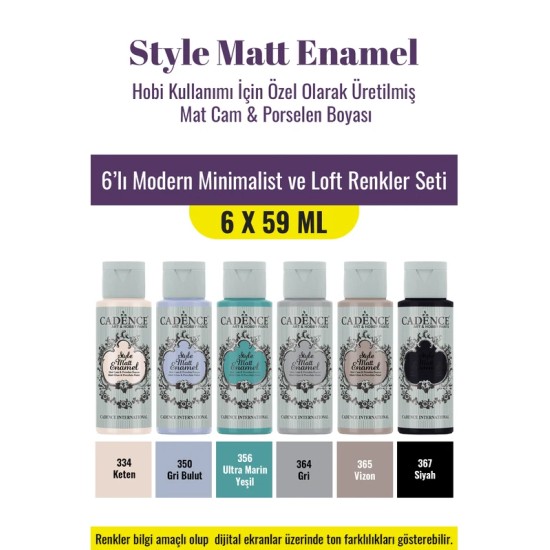 6X59ML Enamel Mat Cam Porselen Boyası - Modern Minimalist ve Loft Renkler Seti