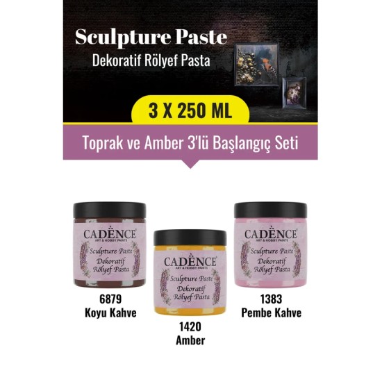 3x250ML Sculpture Dekoratif Rölyef Pasta - Toprak ve Amber 3'lü Başlangıç Seti