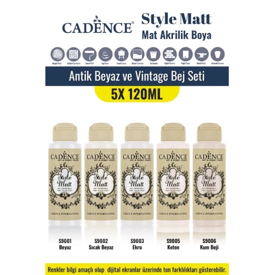 5X120ML Style Matt Mat Akrilik Boya - Antik Beyaz ve Vintage Bej Seti