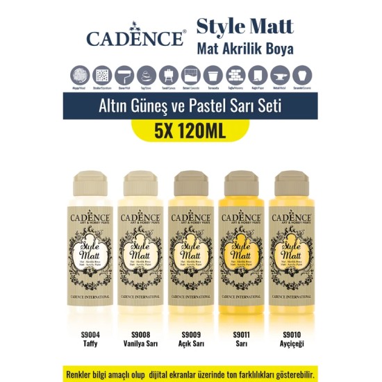 5X120ML Style Matt Mat Akrilik Boya - Altın Güneş ve Pastel Sarı Seti