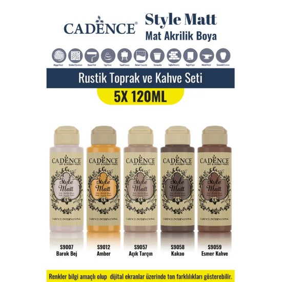 5X120ML Style Matt Mat Akrilik Boya - Rustik Toprak ve Kahve Seti