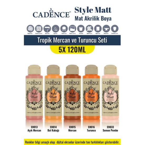 5X120ML Style Matt Mat Akrilik Boya - Tropik Mercan ve Turuncu Seti