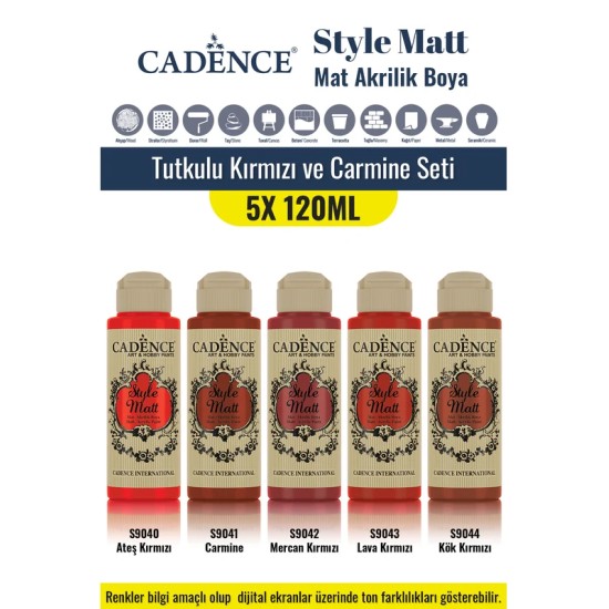 5X120ML Style Matt Mat Akrilik Boya - Tutkulu Kırmızı ve Carmine Seti