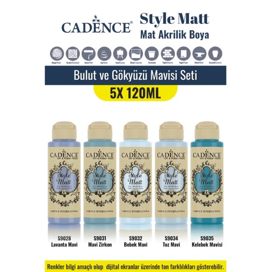 5X120ML Style Matt Mat Akrilik Boya - Bulut ve Gökyüzü Mavisi Seti