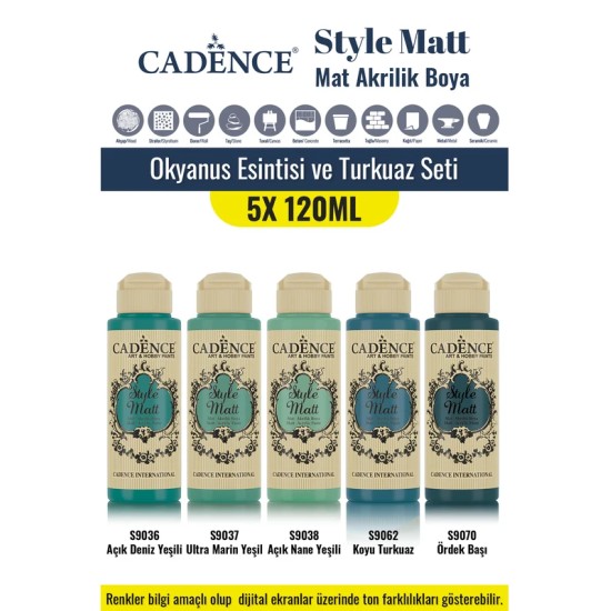 5X120ML Style Matt Mat Akrilik Boya - Okyanus Esintisi ve Turkuaz Seti