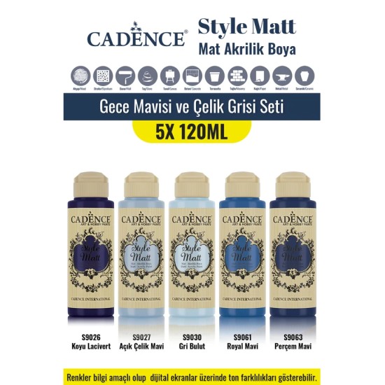 5X120ML Style Matt Mat Akrilik Boya - Gece Mavisi ve Çelik Grisi Seti