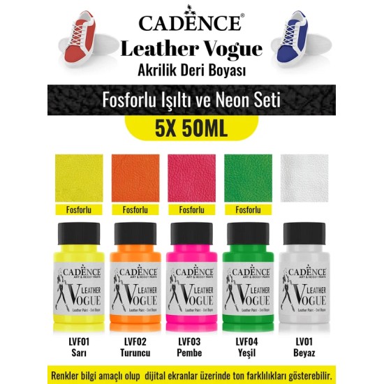 5X50ML Akrilik Deri Boyası - Fosforlu Işıltı ve Neon Seti