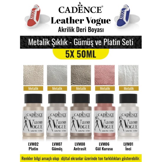 5X50ML Akrilik Deri Boyası - Metalik Şıklık - Gümüş ve Platin Seti