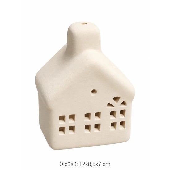 EHS89 Küçük Boy Ev Şeklinde Mumluk Ham Seramik Obje (12x8,5x7 cm)