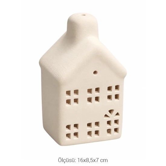 EHS90 Orta Boy Ev Şeklinde Mumluk Ham Seramik Obje (16x8,5x7 cm)