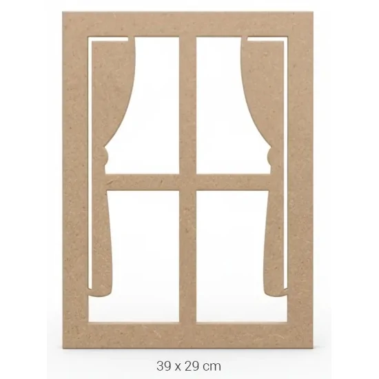 DS044 Perdeli Pencere Dekoratif Duvar Süsü Ham Ahşap Boyanabilir Obje