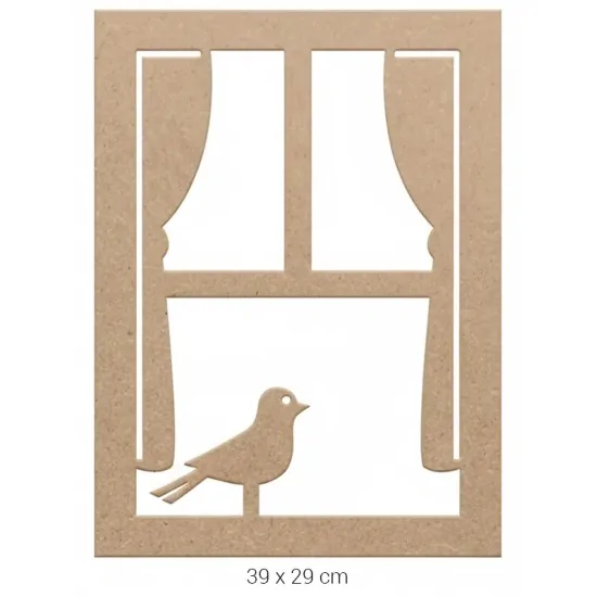 DS045 Kuşlu Pencere Dekoratif Duvar Süsü Ham Ahşap Boyanabilir Obje