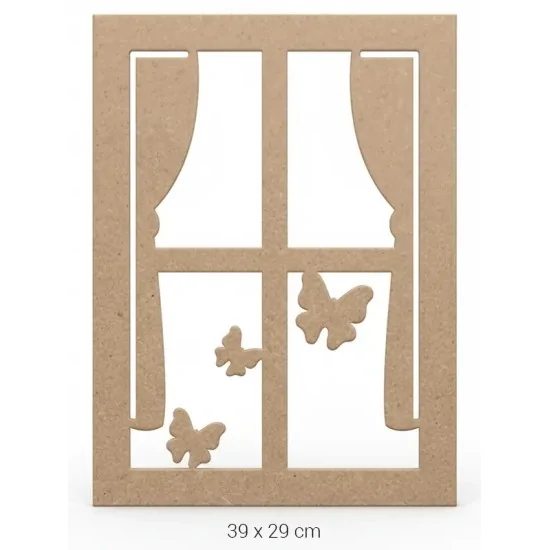 DS046 Kelebekli Pencere Dekoratif Duvar Süsü Ham Ahşap Boyanabilir Obje