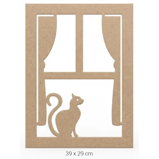 DS048 Kedili Pencere Dekoratif Duvar Süsü Ahşap Boyanabilir Obje