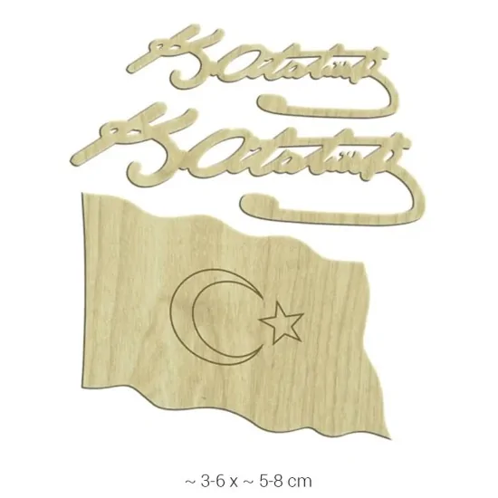 KD006 Dekoratif "Atatürk İmzası ve Türk Bayrağı" Ahşap Boyanabilir Obje