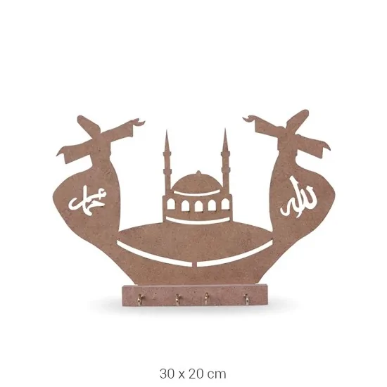 A035 Mevlana ve Cami Anahtarlık Ahşap Boyanabilir Obje