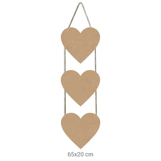 F724 3'lü İpli Kalpli Pano Ahşap Boyanabilir Obje