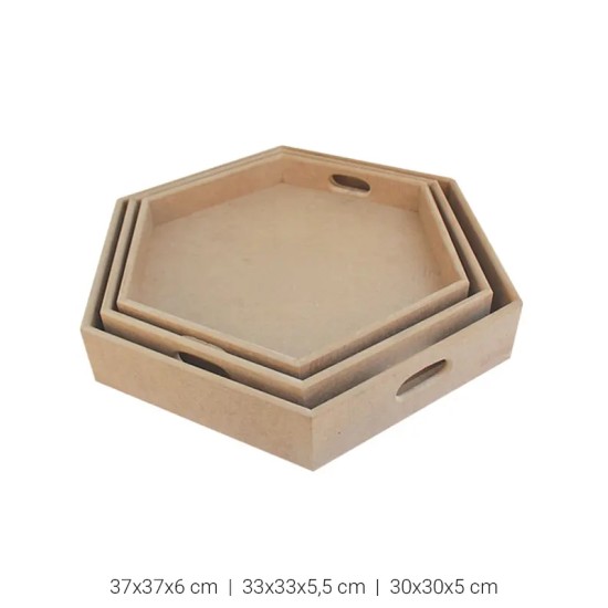 T741 3'lü Altıgen Tepsi Seti Ahşap Boyanabilir Obje