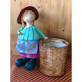Atölye Tasarımı El Boyaması Dev Boy Sepetli Kız Bahçe Dekoru ve Saksılık - 58 cm