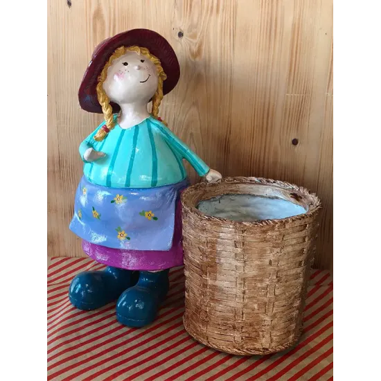 Atölye Tasarımı El Boyaması Dev Boy Sepetli Kız Bahçe Dekoru ve Saksılık - 58 cm