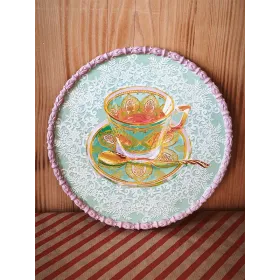 Atölye Tasarımı Lila Kenarlı Altın Kaşık ve Fincan Desenli Tepsi - 29,5 cm