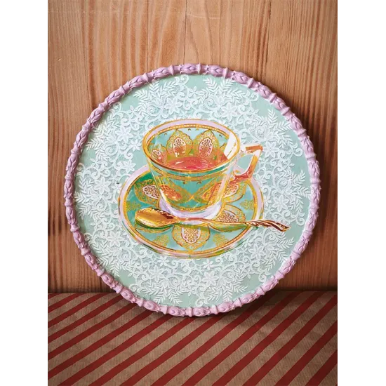 Atölye Tasarımı Lila Kenarlı Altın Kaşık ve Fincan Desenli Tepsi - 29,5 cm