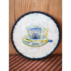 Atölye Tasarımı Lacivert Kenarlı Mavi Çini Desenli Fincan Tepsi - 29,5 cm