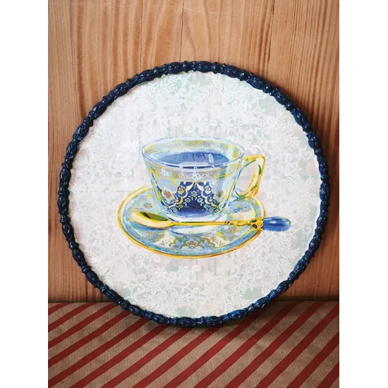 Atölye Tasarımı Lacivert Kenarlı Mavi Çini Desenli Fincan Tepsi - 29,5 cm