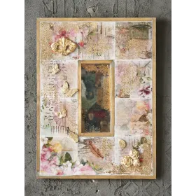 Atölye Tasarımı Vintage Kolaj Aynalı Ahşap Karo Pano - 46x35 cm