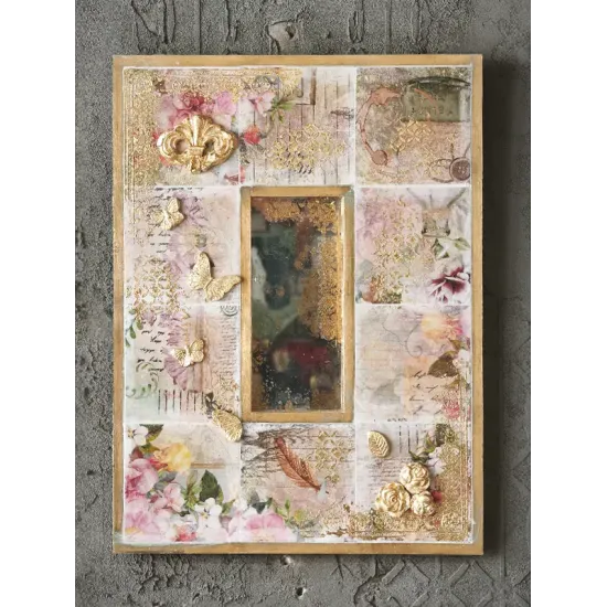 Atölye Tasarımı Vintage Kolaj Aynalı Ahşap Karo Pano - 46x35 cm
